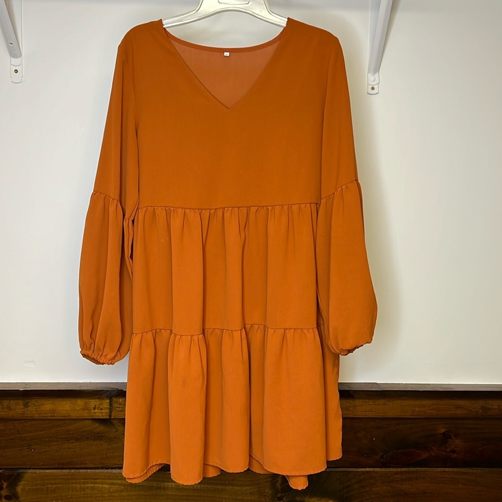 Amazon‎ 3 Tiered Long Sleeve Pumpkin Spice Color Long Sleeve Fall Dress- M
